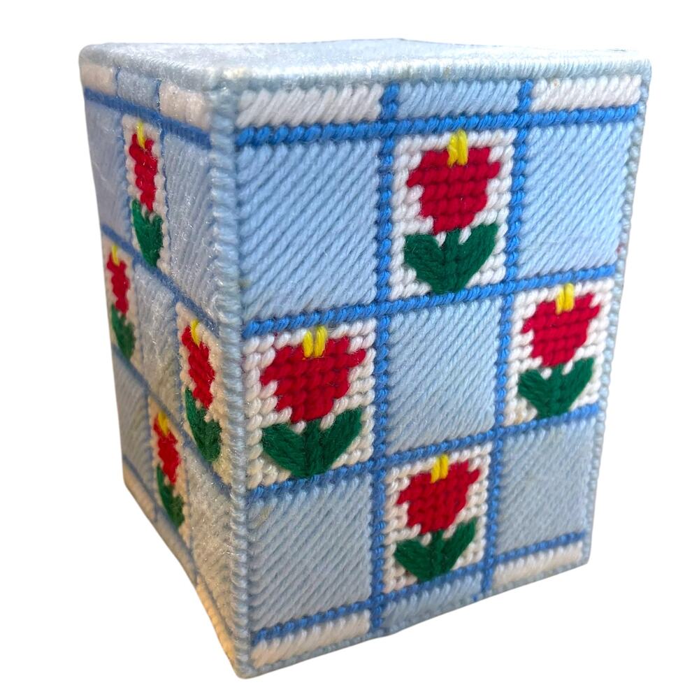 Vintage Handmade Yarn Tissue Box Cover Blue Floral Plastic Canvas Needlepoint